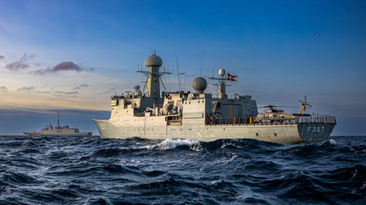 Danish Navy ocean patrol vessel F357 Thetis (R) and French Navy frigate Bretagne (L) in the North Atlantic as part of the NATO "Arctic Endurance" exercise