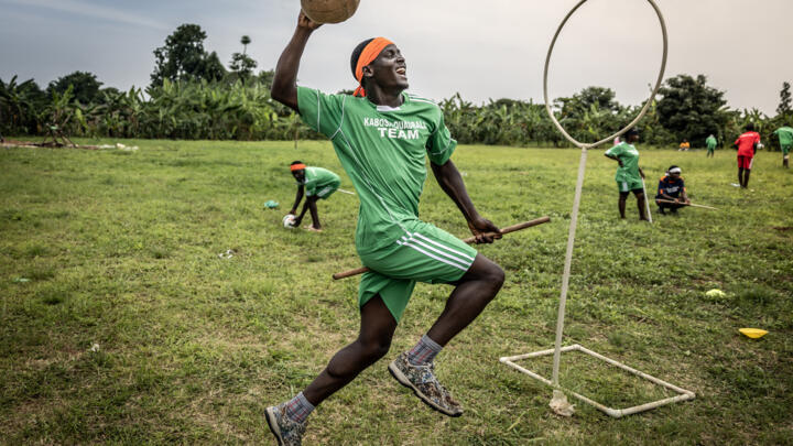 A Chaser aims for a goal during a training session of Quidditch, also known as Quadball, inspired by the Harry Potter books, in the village of Katwadde, Lwengo District, on January 8, 2026
