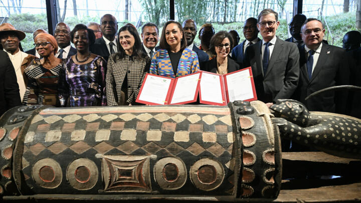 Ivorian Minister of Culture and Francophonie, Françoise Remarck (C-L) and France's Culture Minister Rachida Dati (C-R) at the Musee du Quai Branly in Paris on February 20, 2026