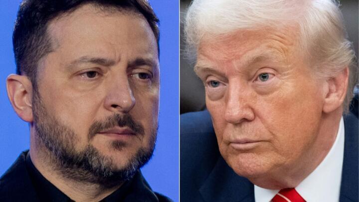 Ukraine's President Volodymyr Zelensky in Kyiv on February 24, 2026 and US President Donald Trump in the Oval Office of the White House in Washington, DC, February 3, 2026