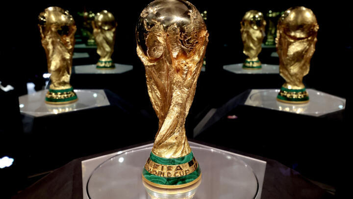 A FIFA World Cup trophy is displayed at the Akron Stadium, where it arrived as the second part of its tour in Zapopan, Mexico on February 28, 2026.