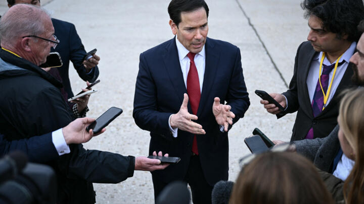 US Secretary of State Marco Rubio (C) gestures as he speaks to the press following a G7 Foreign Ministers' meeting with Partner Countries before his departure at the Bourget airport in Le Bourget, out