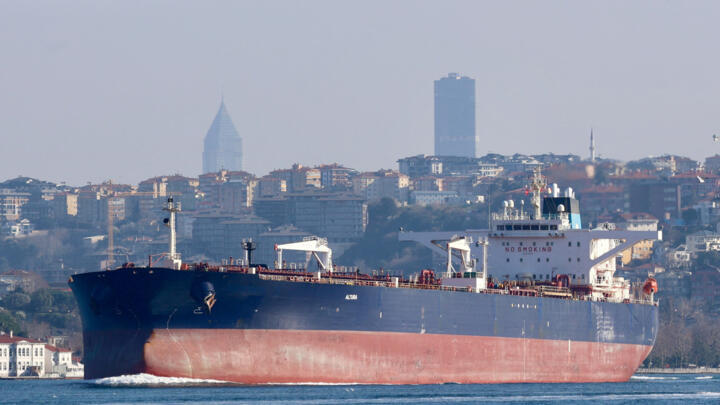 Altura, a Turkish-operated crude oil tanker, transits the Bosphorus in Istanbul, Turkey.
