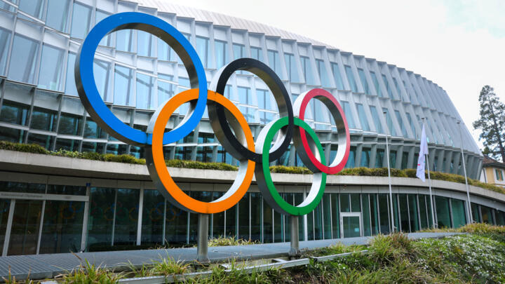 Olympic rings are pictured outside the International Olympic Committee (IOC) during an Executive Board meeting at the Olympic House in Lausanne, Switzerland, March 26, 2026.