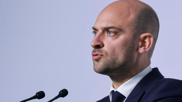 France's Minister for Europe and Foreign Affairs Jean-Noel Barrot speaks during a press conference on the second day of the G7 Foreign Ministers' Meeting at Vaux-de-Cernay Abbey in Cernay-la-Ville nea