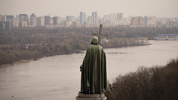 The statue of Grand Prince of Kyiv, Volodymyr the Great, inaugurated in 1853, is backdropped by the city skyline, in Kyiv, Ukraine, Friday, March 3, 2023.