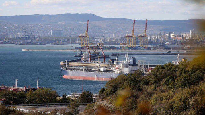 An oil tanker is moored at the Sheskharis oil and petroleum complex on the Black Sea port of Novorossiysk, Russia.