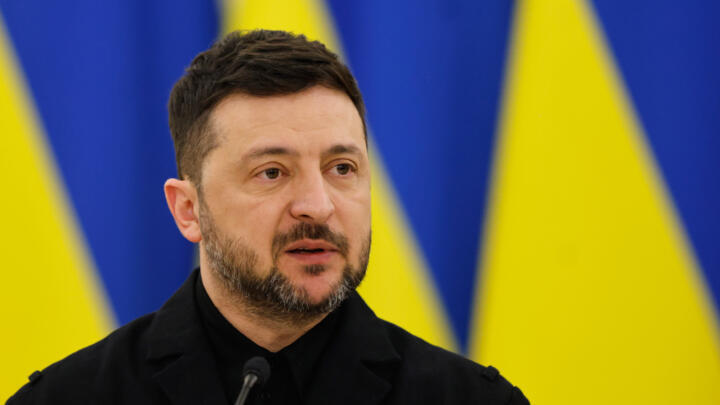 Ukrainian President Volodymyr Zelenskyy speaks during a joint press conference.