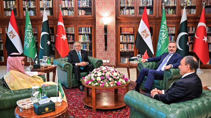 In this photo, released by the Pakistan Ministry of Foreign Affairs, from left, Saudi Arabia's Foreign Minister Prince Faisal bin Farhan Al-Saud, Pakistan's Foreign Minister Ishaq Dar, Turkish Foreign