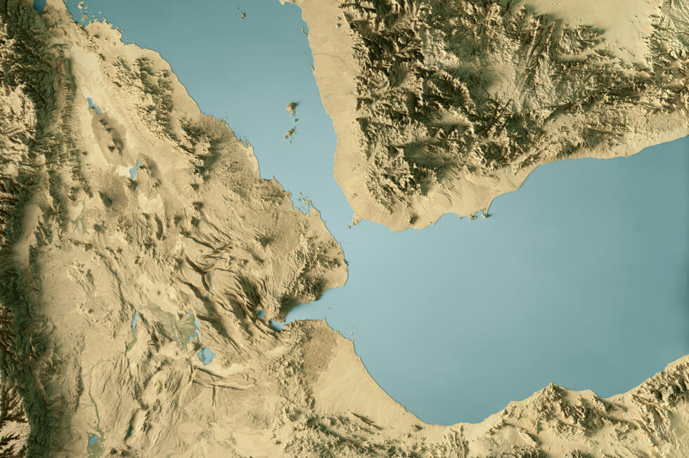 Une vue satellite du détroit de Bab el-Mandeb au sud de la mer Rouge.