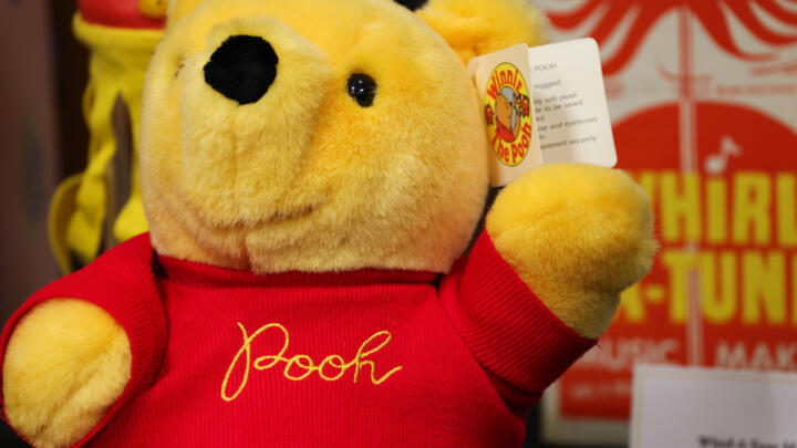 A Winnie the Pooh Bear toy is displayed during a tour of the Walt Disney Studios Archives ahead of the 100th anniversary of Winnie the Pooh