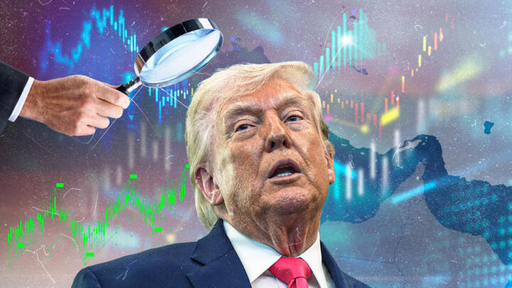 Donald Trump against a backdrop of stock market charts and a map of the Strait of Hormuz.