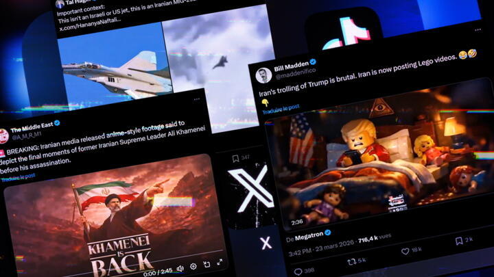 Screen grabs show social media posts sharing misinformation and AI-generated propaganda about the Iran war