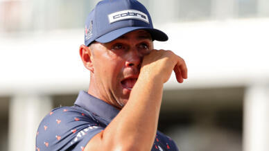 American Gary Woodland wipes away tears after winning the PGA Houston Open for his first title since taking the 2019 US Open and the first since undergoing brain surgery in 2023