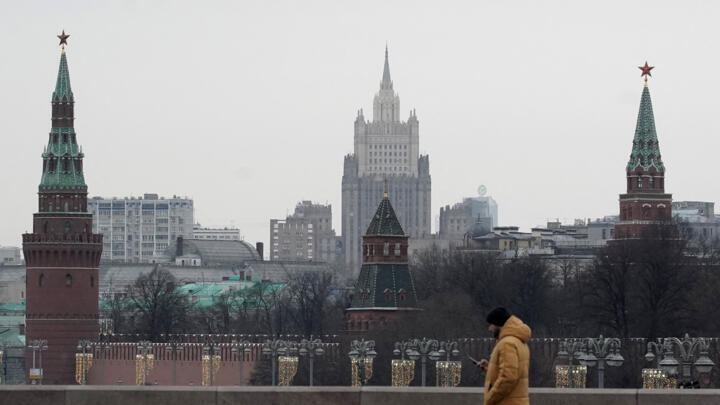 The Russian Foreign Ministry headquarters in the background in Moscow on February 13, 2025