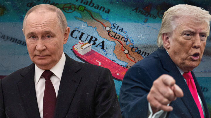 Vladimir Putin and Donald Trump, with a map of Cuba and an image of an oil tanker in the background